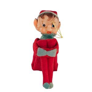 Vintage Knee Hugger Elf Pixie Red Felt Christmas Ornament Decor Rubber Face